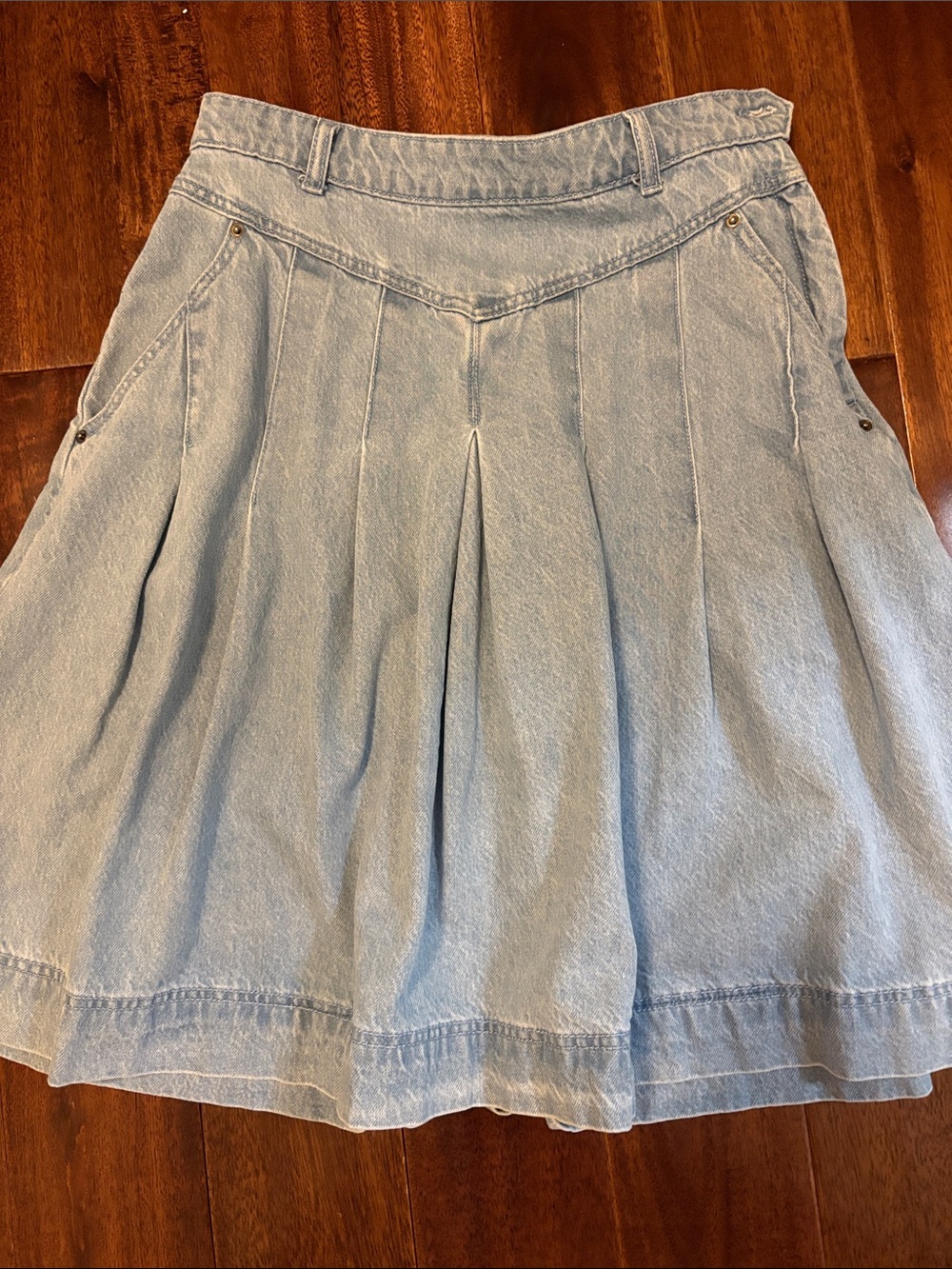 Free People Light Wash Denim Pleated A-Line Skirt
